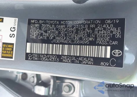 2020 Toyota Corolla Le из США, поврежденный, VIN JTDEPRAEXLJ069695